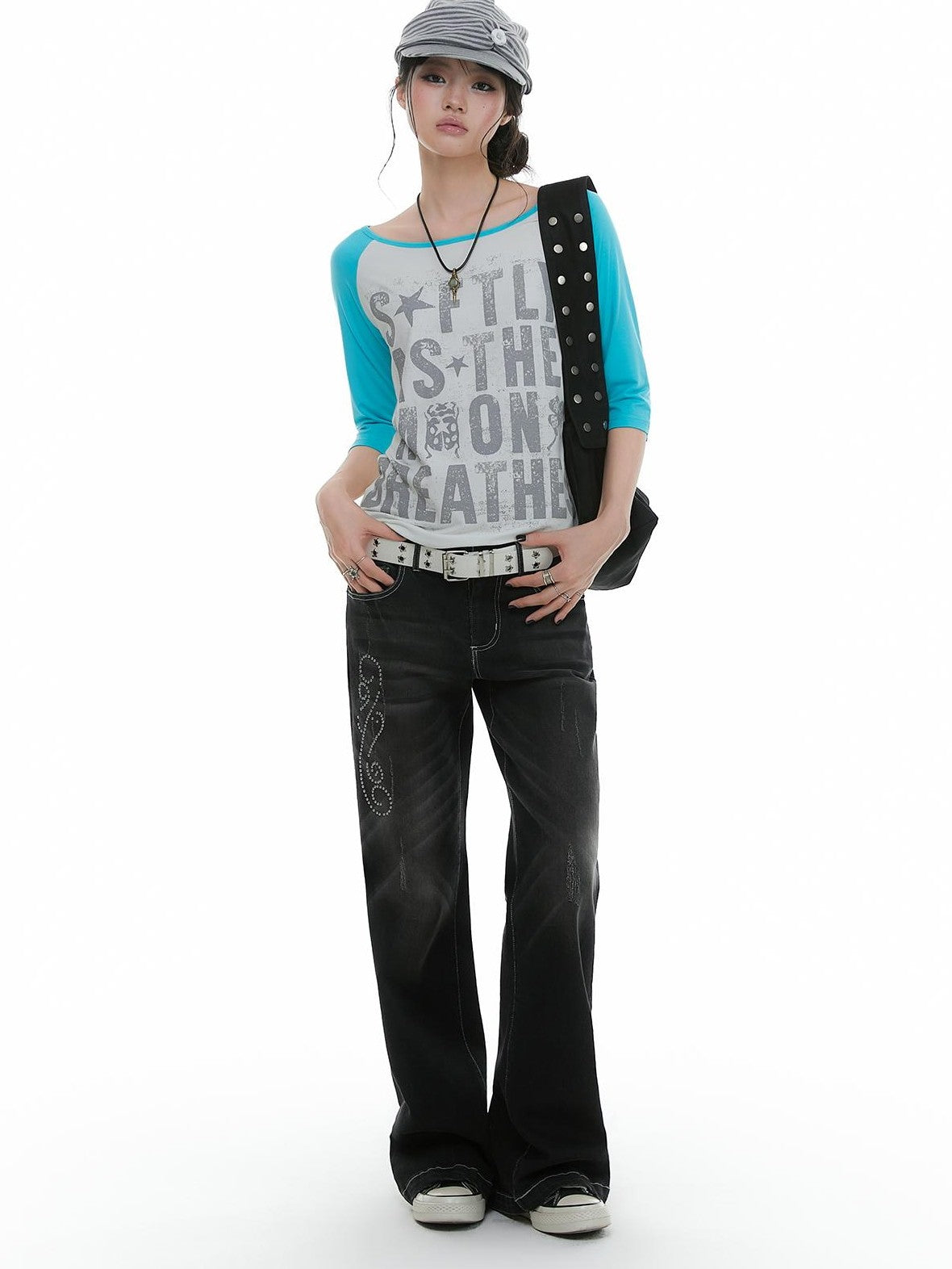 atrandom Rhinestone Studded Topstitched Black Wash Women&