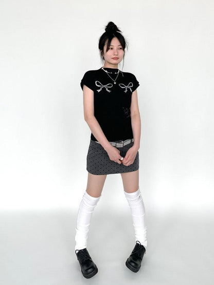 atrandom Sequin Embroidered Bow Print Mock Neck Women&