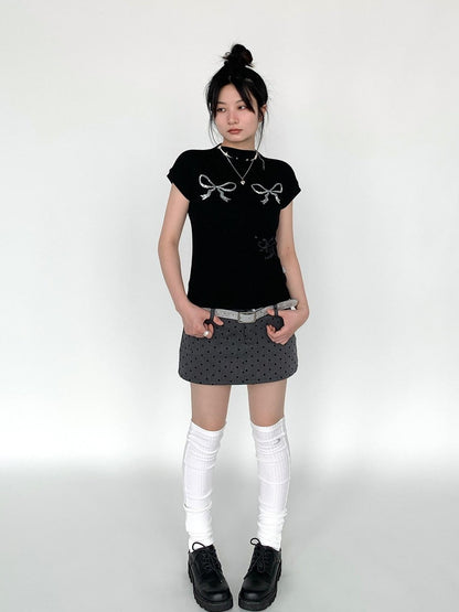 atrandom Sequin Embroidered Bow Print Mock Neck Women&