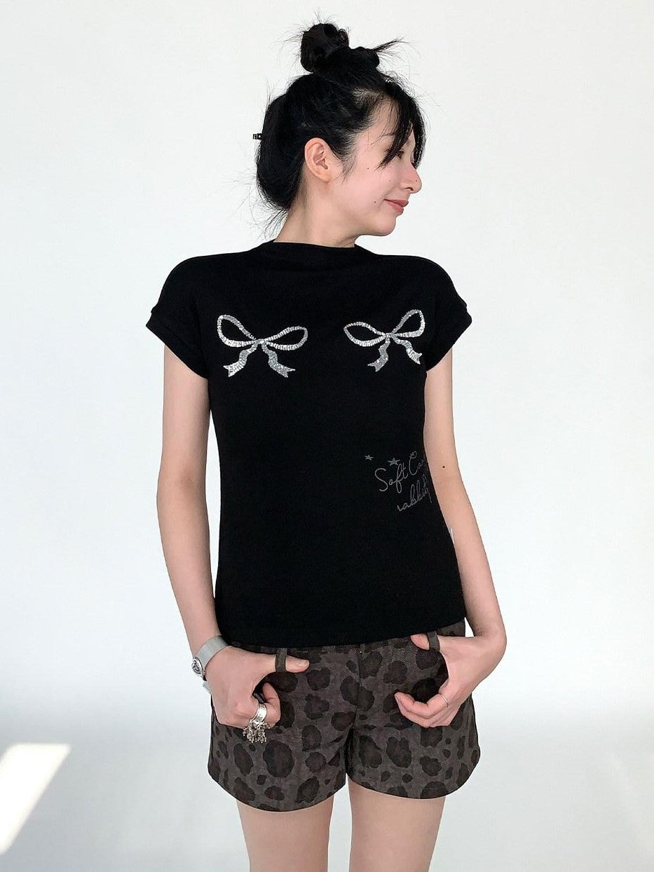 atrandom Sequin Embroidered Bow Print Mock Neck Women&