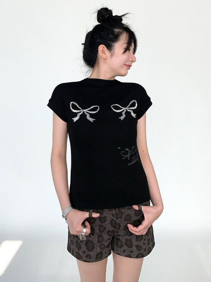 atrandom Sequin Embroidered Bow Print Mock Neck Women&