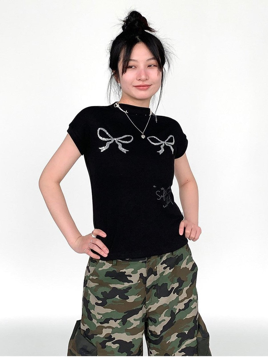 atrandom Sequin Embroidered Bow Print Mock Neck Women&
