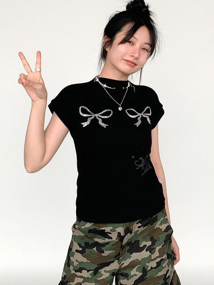 atrandom Sequin Embroidered Bow Print Mock Neck Women&