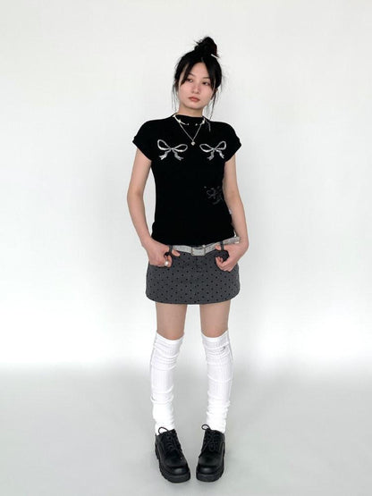 atrandom Sequin Embroidered Bow Print Mock Neck Women&