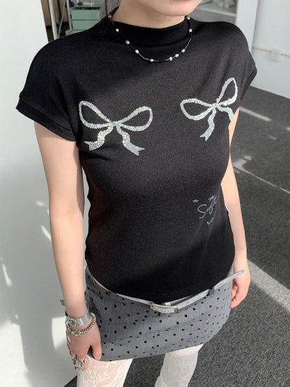 atrandom Sequin Embroidered Bow Print Mock Neck Women&