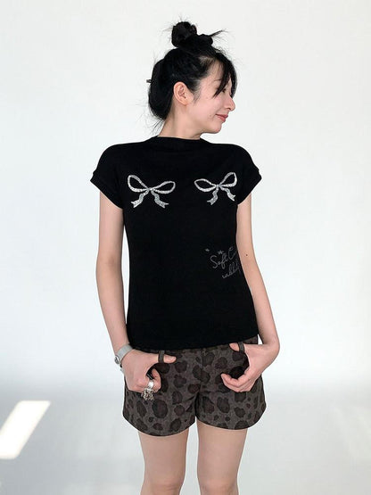 atrandom Sequin Embroidered Bow Print Mock Neck Women&