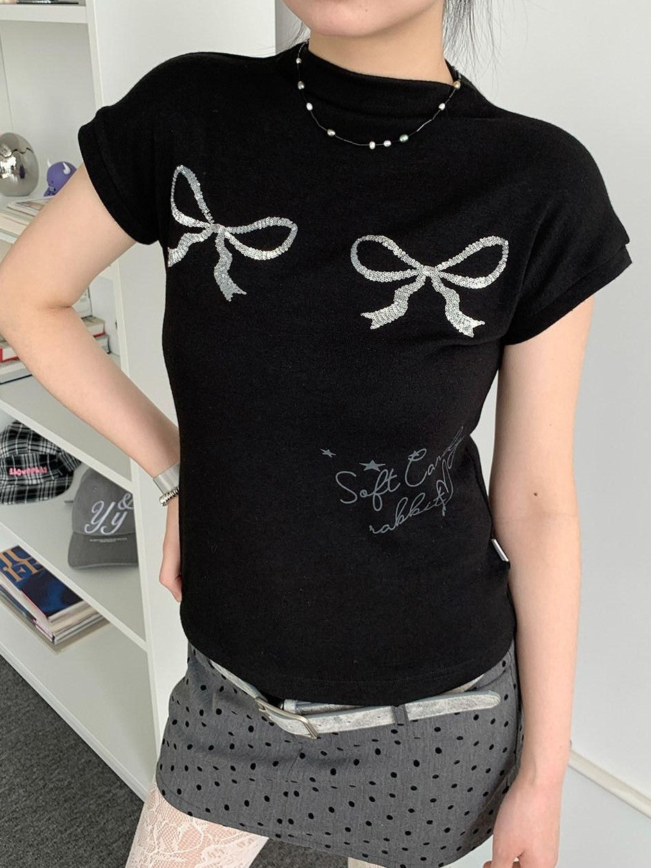 atrandom Sequin Embroidered Bow Print Mock Neck Women&