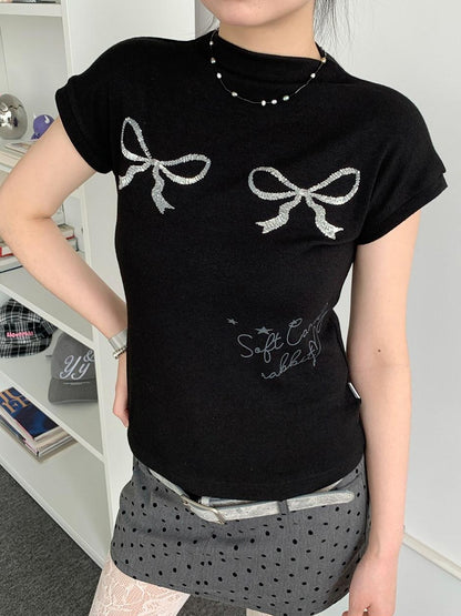 atrandom Sequin Embroidered Bow Print Mock Neck Women&