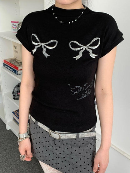 atrandom Sequin Embroidered Bow Print Mock Neck Women&