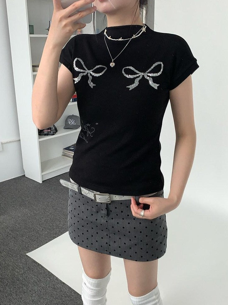 atrandom Sequin Embroidered Bow Print Mock Neck Women&