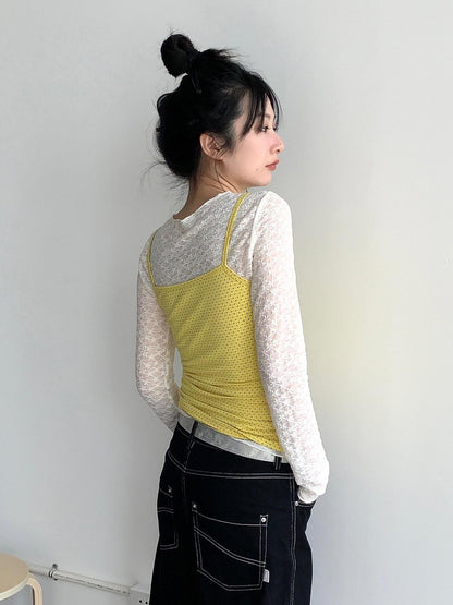 atrandom Sheer Lace Mesh Layered Slim Fit Women&