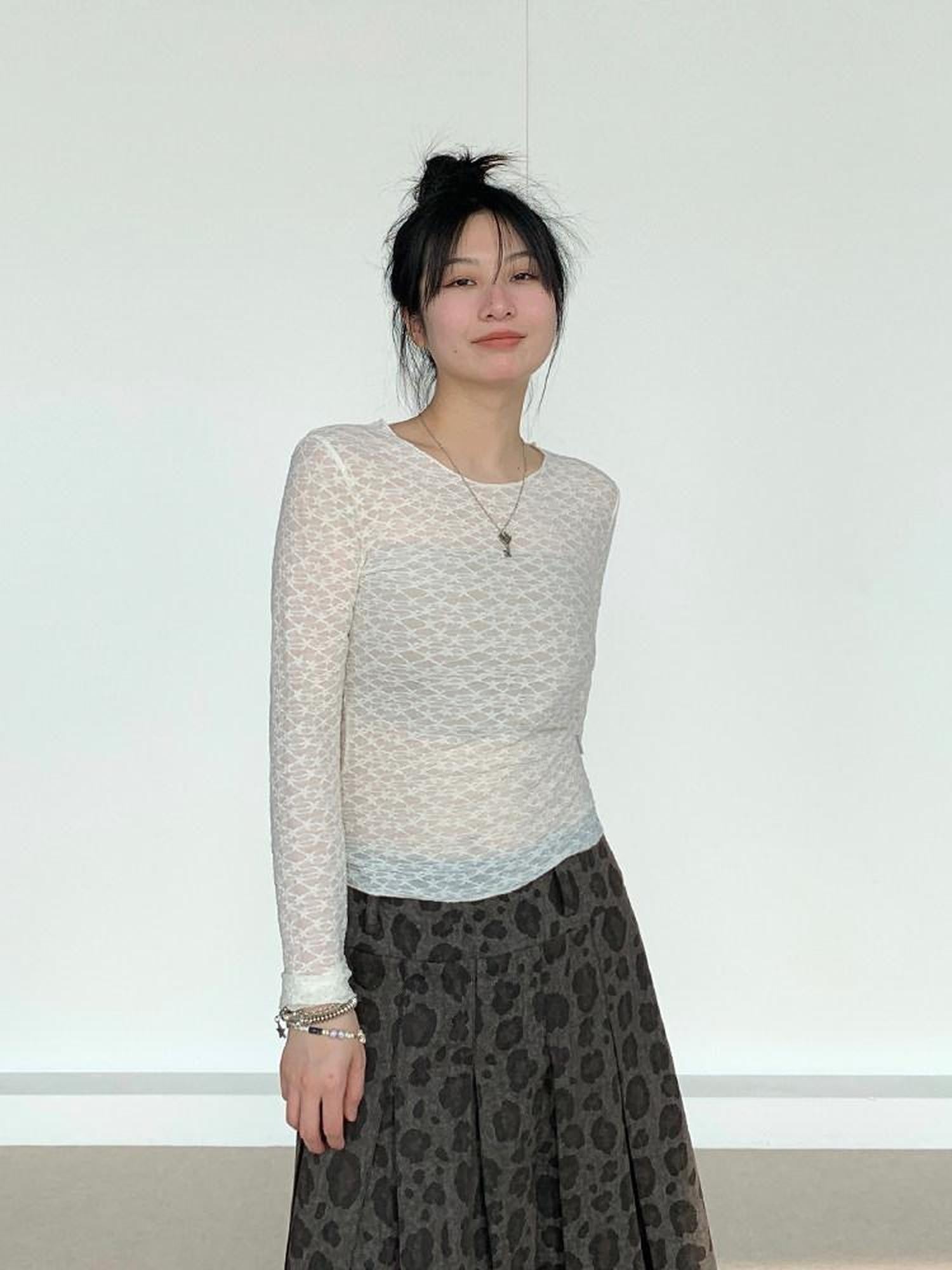atrandom Sheer Lace Mesh Layered Slim Fit Women&