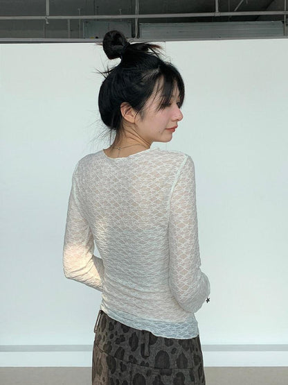 atrandom Sheer Lace Mesh Layered Slim Fit Women&