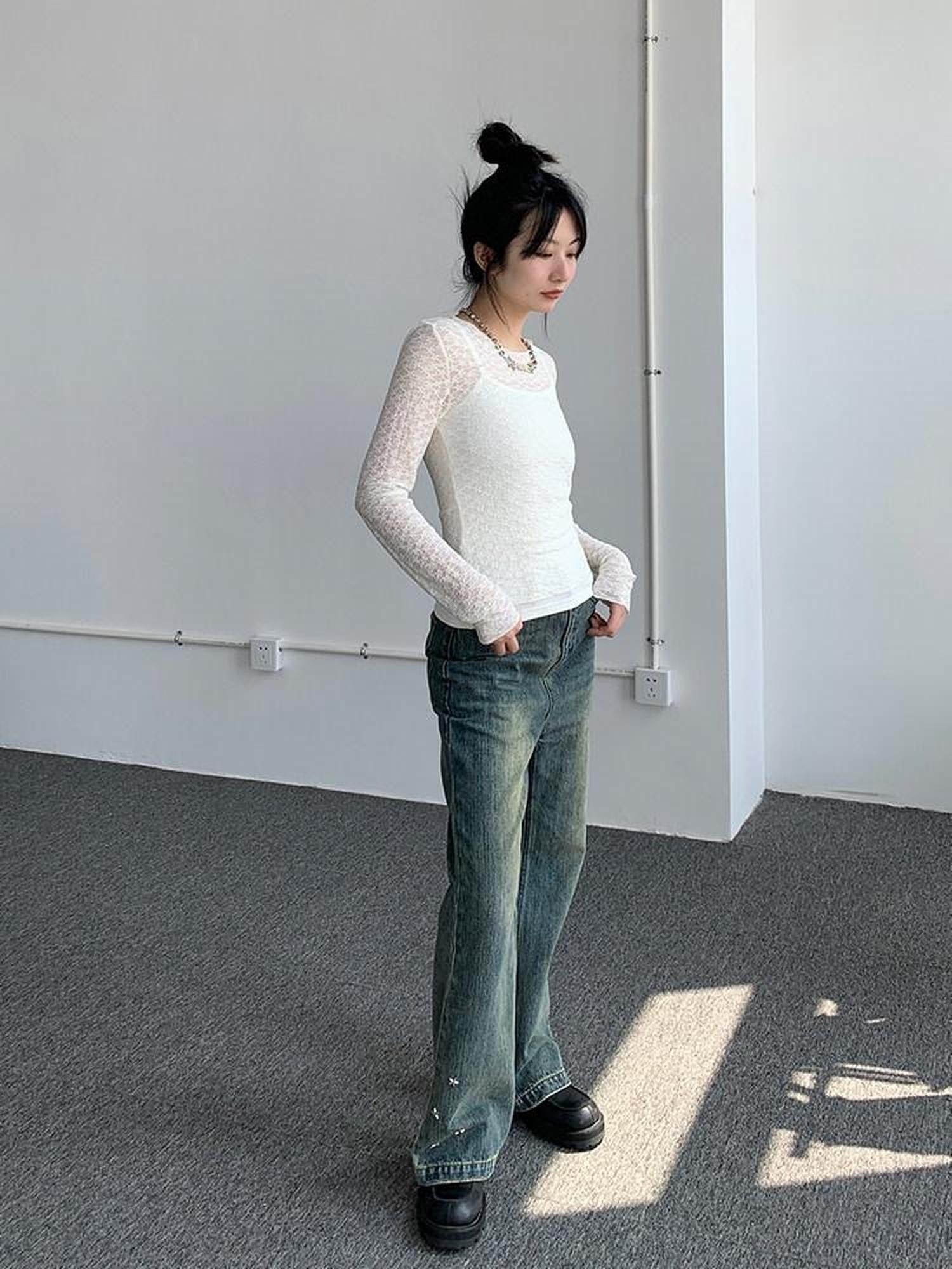 atrandom Sheer Lace Mesh Layered Slim Fit Women&