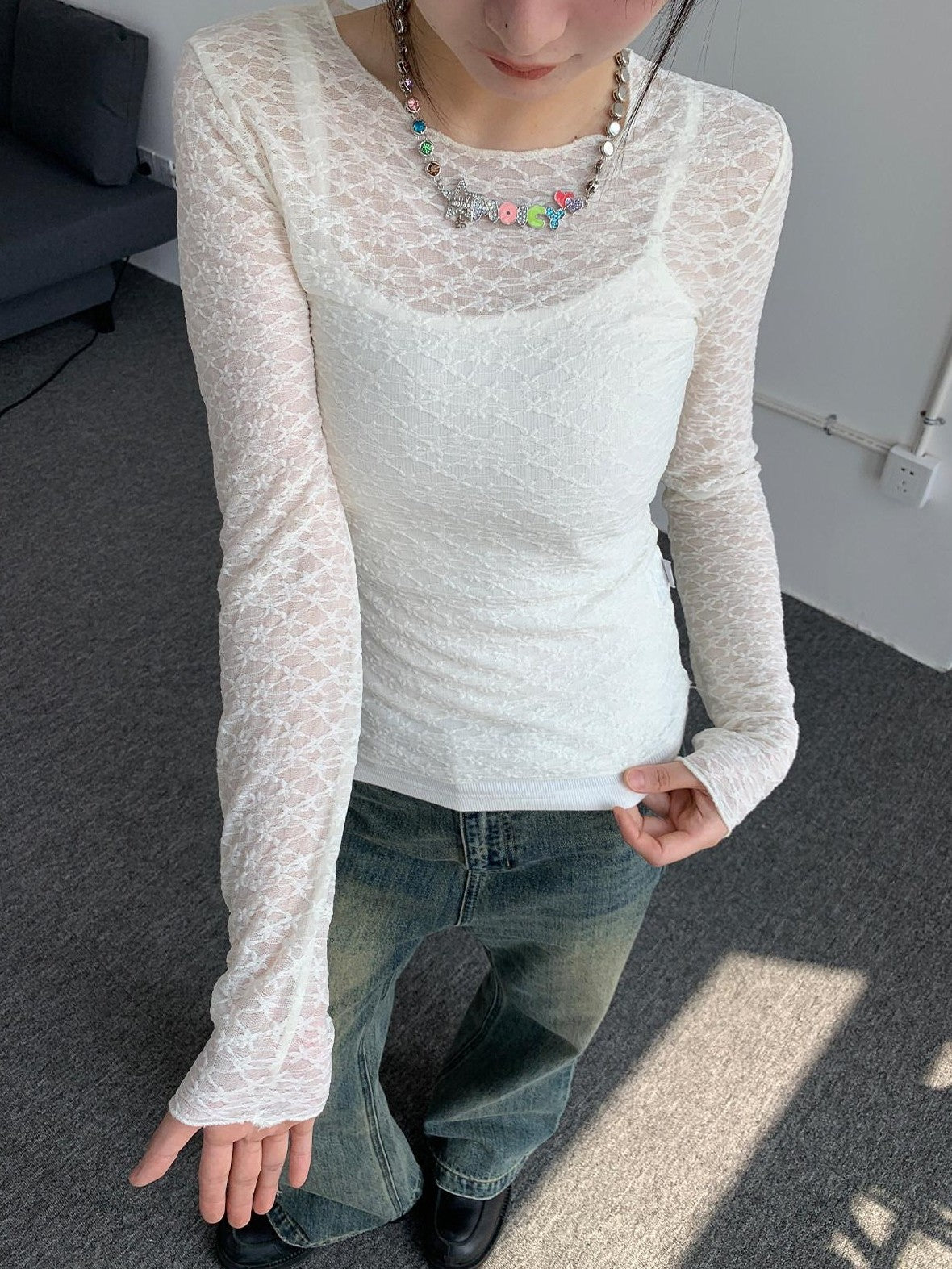 atrandom Sheer Lace Mesh Layered Slim Fit Women&