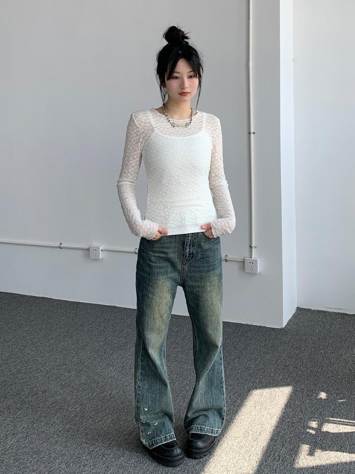atrandom Sheer Lace Mesh Layered Slim Fit Women&