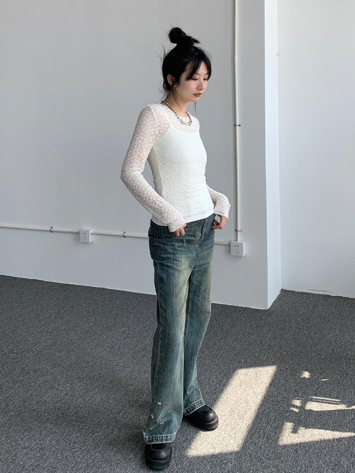 atrandom Sheer Lace Mesh Layered Slim Fit Women&