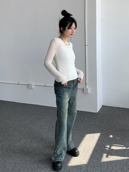 atrandom Sheer Lace Mesh Layered Slim Fit Women&