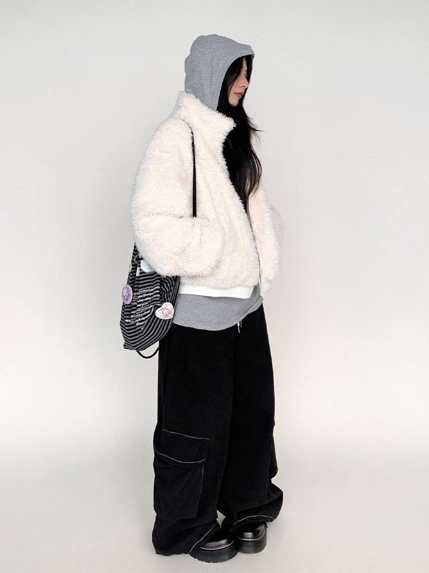 atrandom Short Sherpa Stand Collar Zip Loose Women&