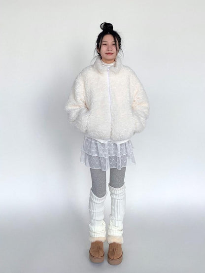 atrandom Short Sherpa Stand Collar Zip Loose Women&