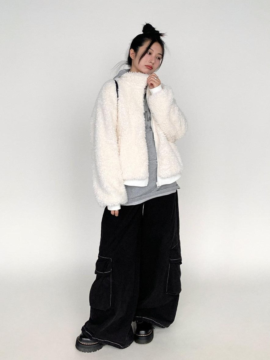 atrandom Short Sherpa Stand Collar Zip Loose Women&