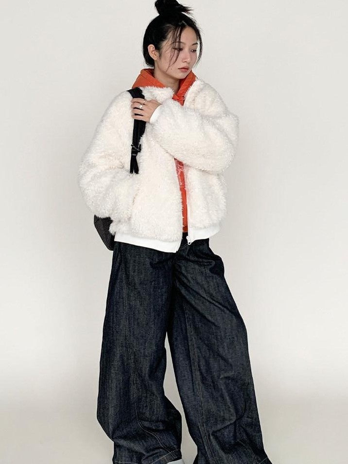 atrandom Short Sherpa Stand Collar Zip Loose Women&