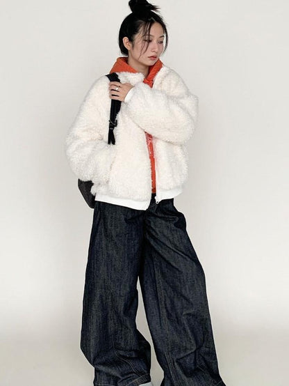 atrandom Short Sherpa Stand Collar Zip Loose Women&