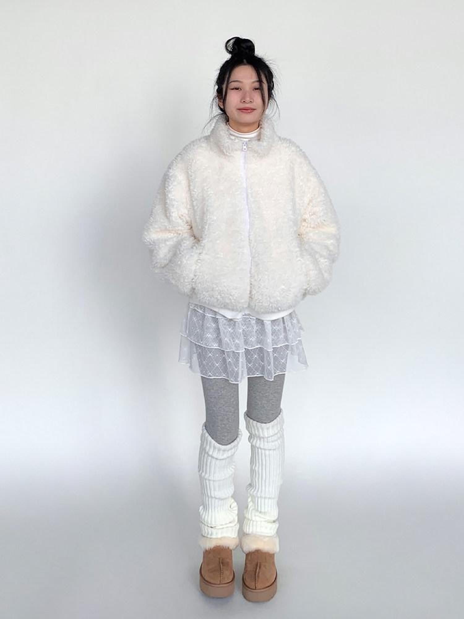 atrandom Short Sherpa Stand Collar Zip Loose Women&