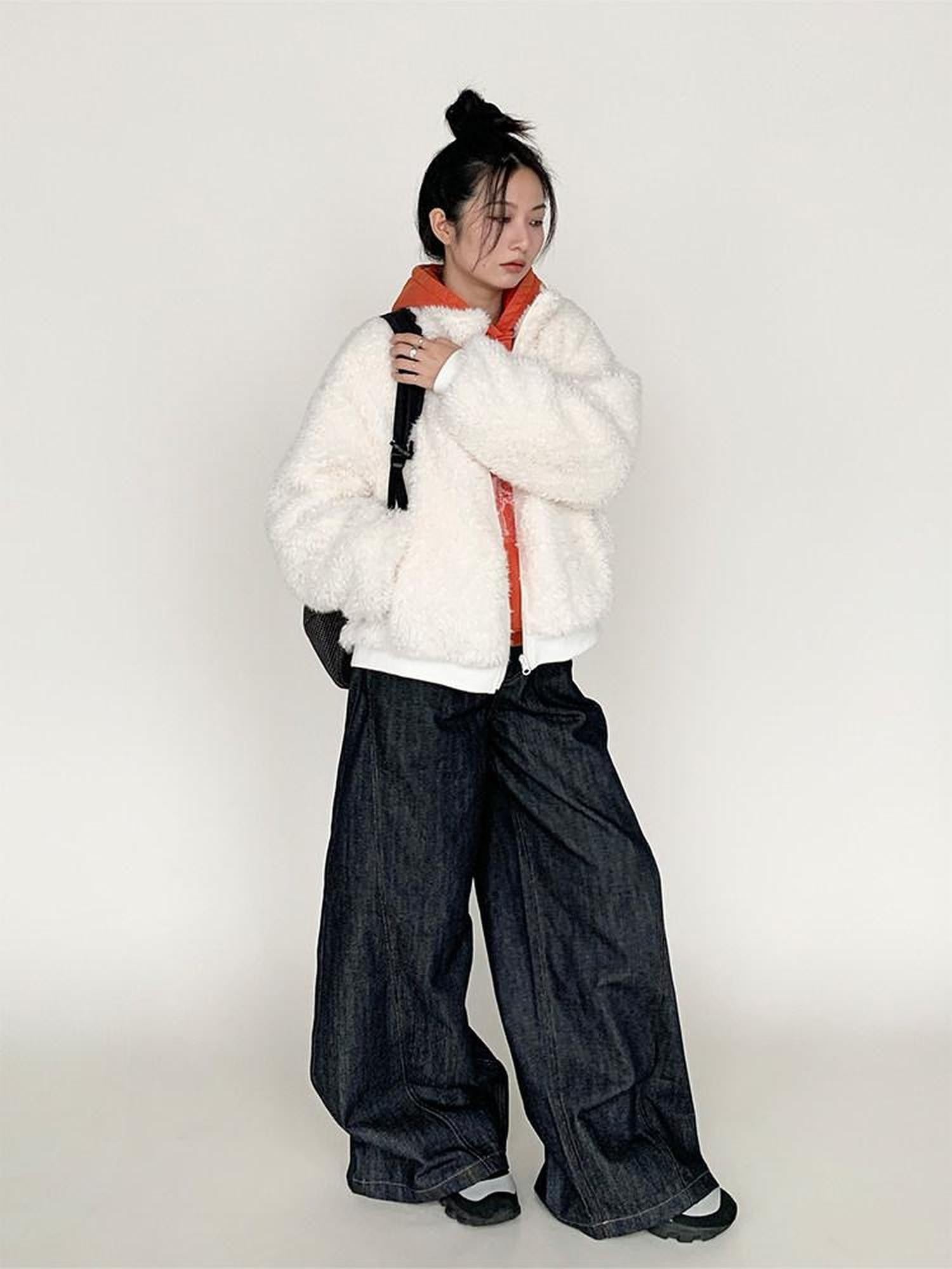 atrandom Short Sherpa Stand Collar Zip Loose Women&