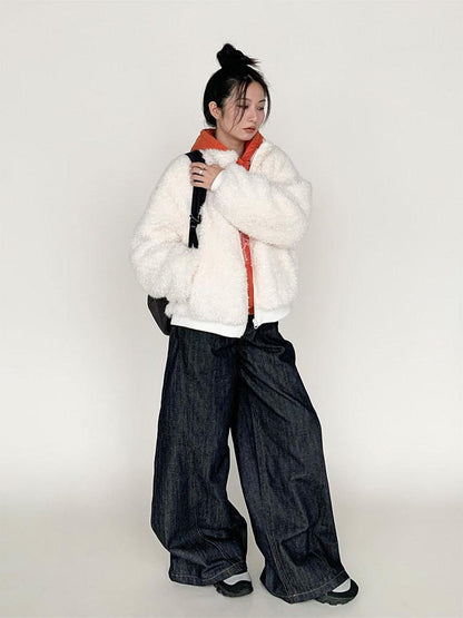 atrandom Short Sherpa Stand Collar Zip Loose Women&