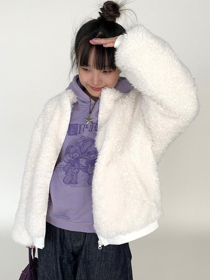 atrandom Short Sherpa Stand Collar Zip Loose Women&