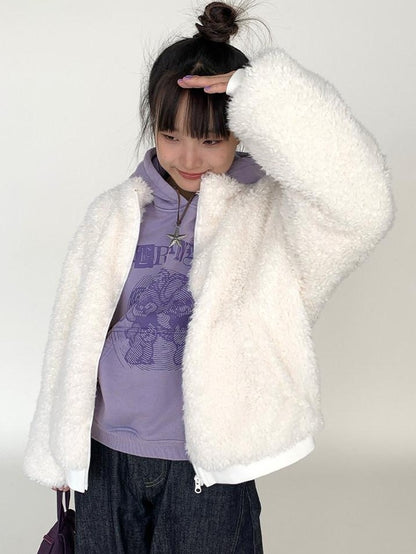 atrandom Short Sherpa Stand Collar Zip Loose Women&