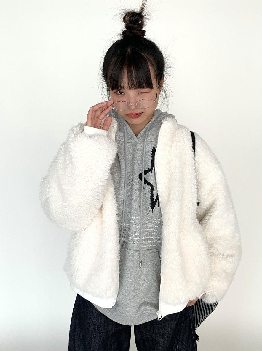 atrandom Short Sherpa Stand Collar Zip Loose Women&