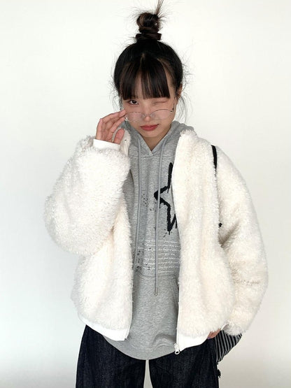 atrandom Short Sherpa Stand Collar Zip Loose Women&