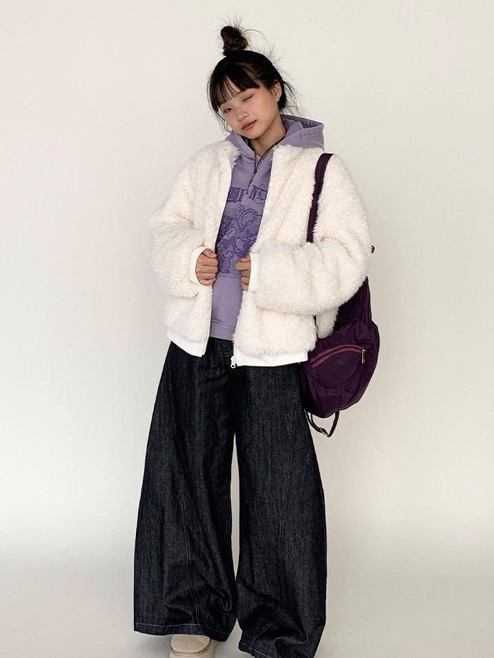 atrandom Short Sherpa Stand Collar Zip Loose Women&