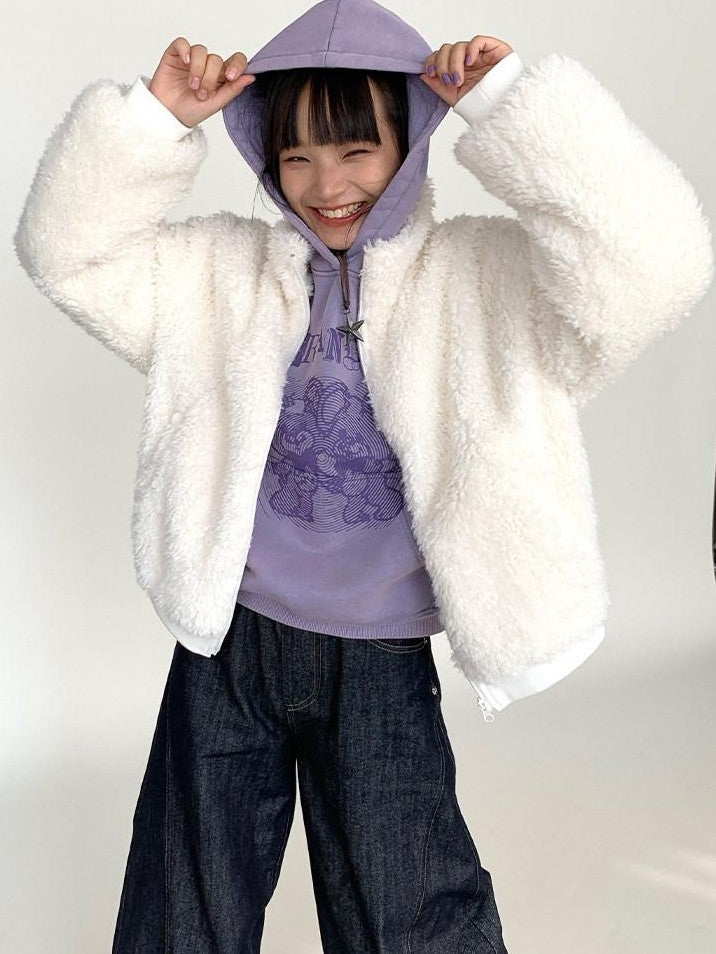 atrandom Short Sherpa Stand Collar Zip Loose Women&