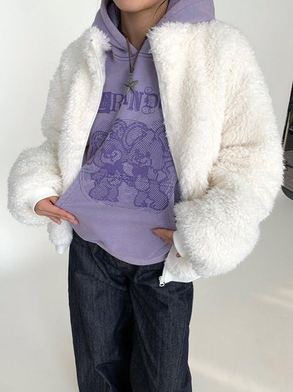 atrandom Short Sherpa Stand Collar Zip Loose Women&