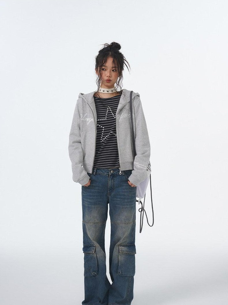 atrandom Star Print Embroidered Slim Cropped Women&