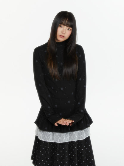 atrandom Star Print Lace Trim High Neck Knit Women&