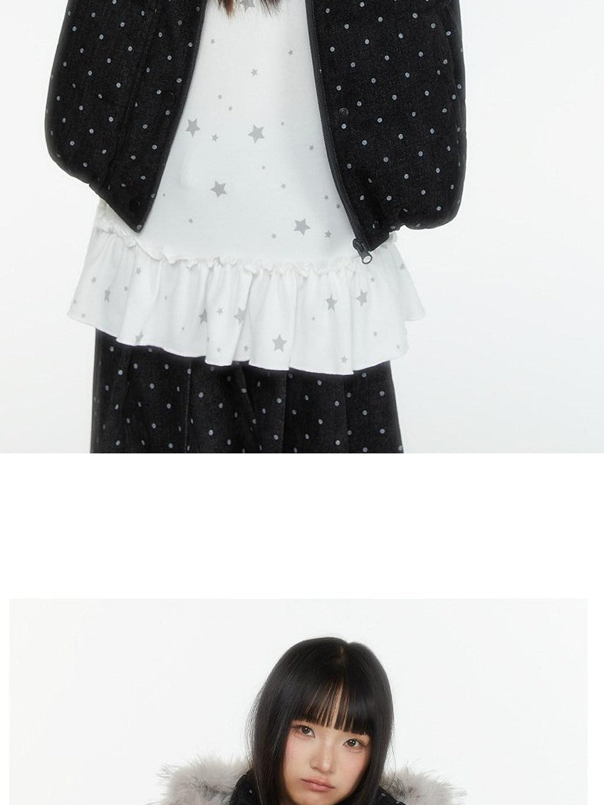 atrandom Star Print Lace Trim High Neck Knit Women&