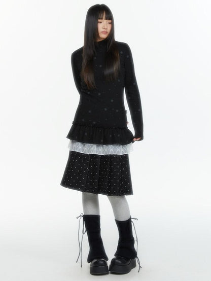 atrandom Star Print Lace Trim High Neck Knit Women&
