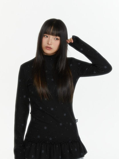 atrandom Star Print Lace Trim High Neck Knit Women&