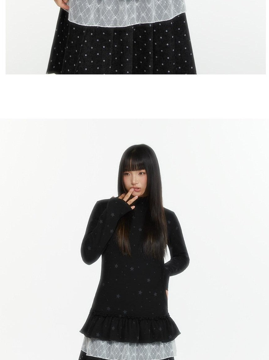 atrandom Star Print Lace Trim High Neck Knit Women&