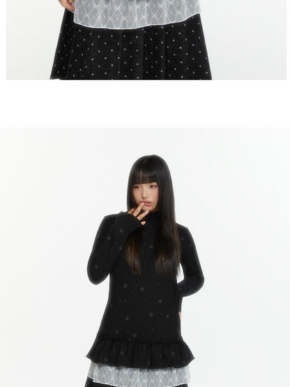 atrandom Star Print Lace Trim High Neck Knit Women&