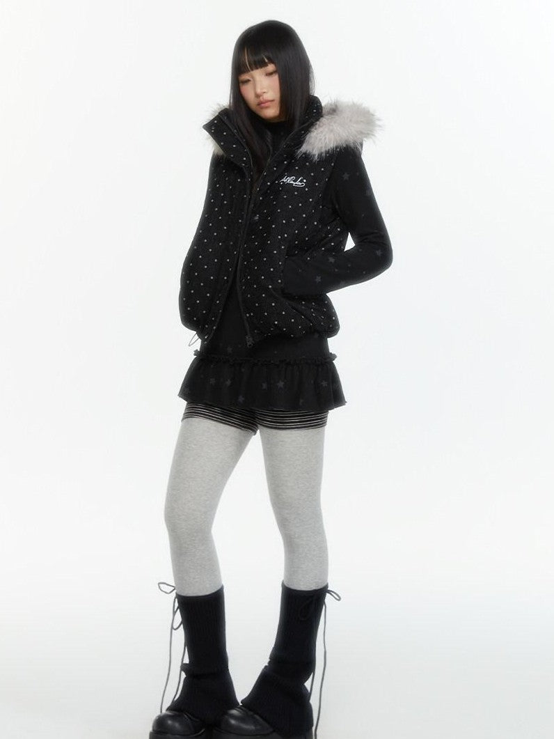 atrandom Star Print Lace Trim High Neck Knit Women&
