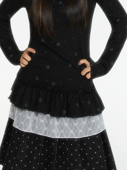atrandom Star Print Lace Trim High Neck Knit Women&