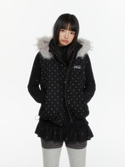 atrandom Star Print Lace Trim High Neck Knit Women&