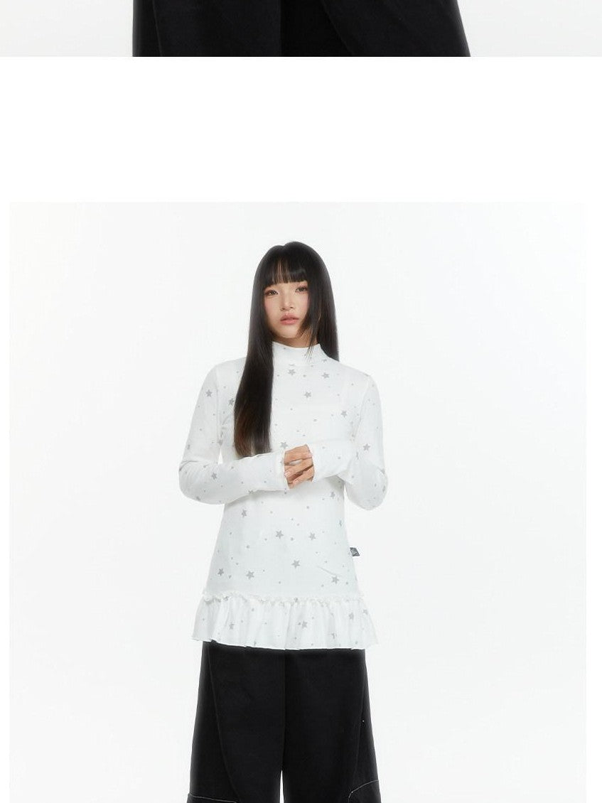 atrandom Star Print Lace Trim High Neck Knit Women&