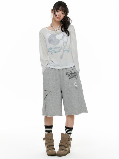 atrandom Star Print Rhinestone Cuffed Wide Leg Mid Rise Women&