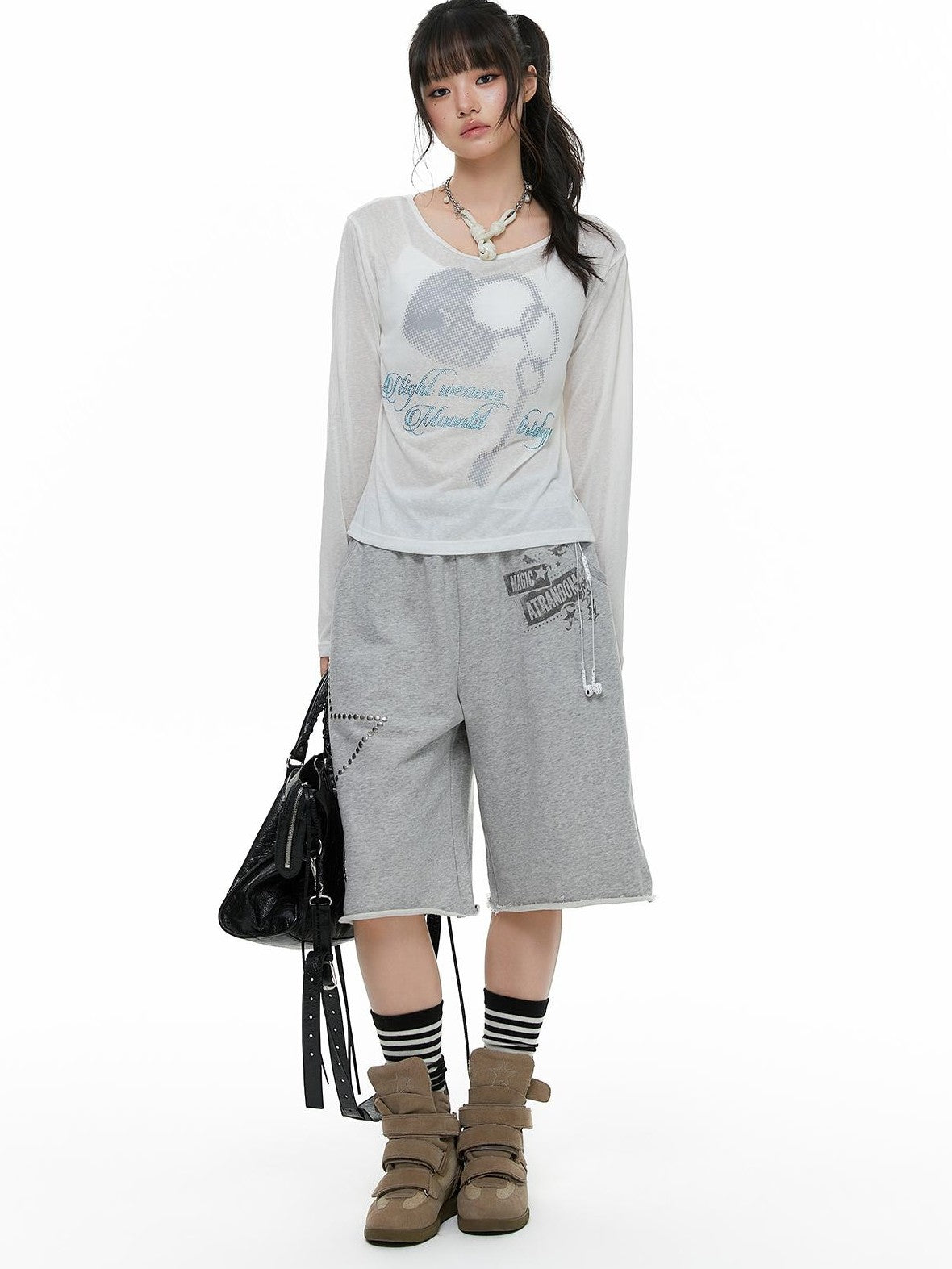 atrandom Star Print Rhinestone Cuffed Wide Leg Mid Rise Women&